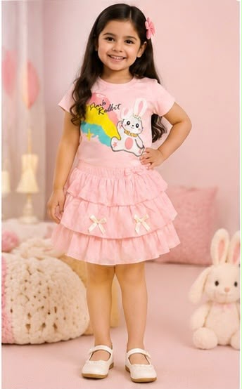 🐰 Pink Bunny Blossom Ruffle Skirt Set 🌸