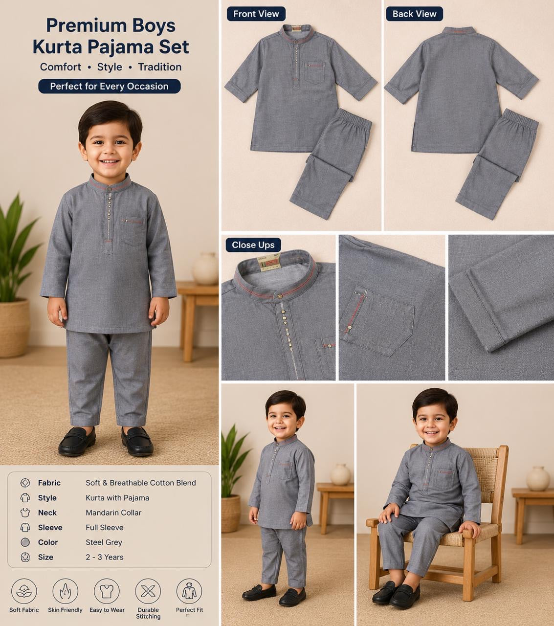 Boys Premium Cotton Kurta Trouser Set | Traditional Ethnic Wear 👦