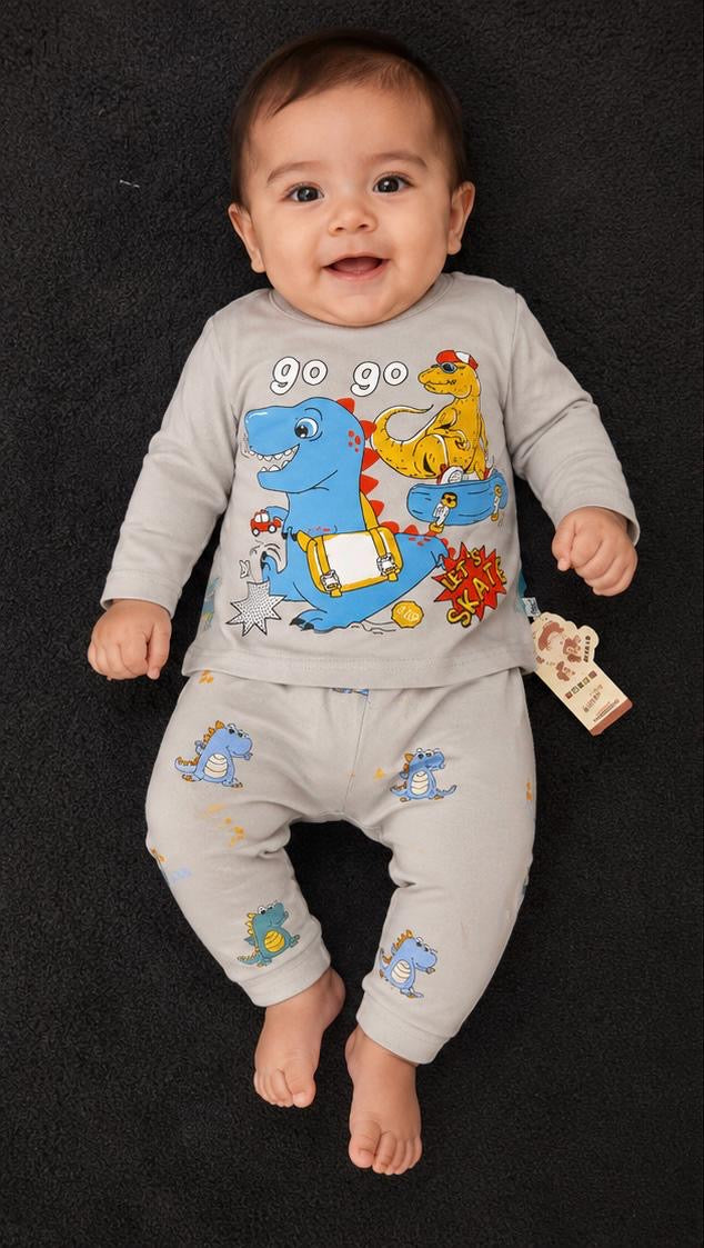 🦕 Dino Adventure Boys Cotton 2-Piece Outfit | Soft Full Sleeve T-Shirt & Trouser Set (8 Months)