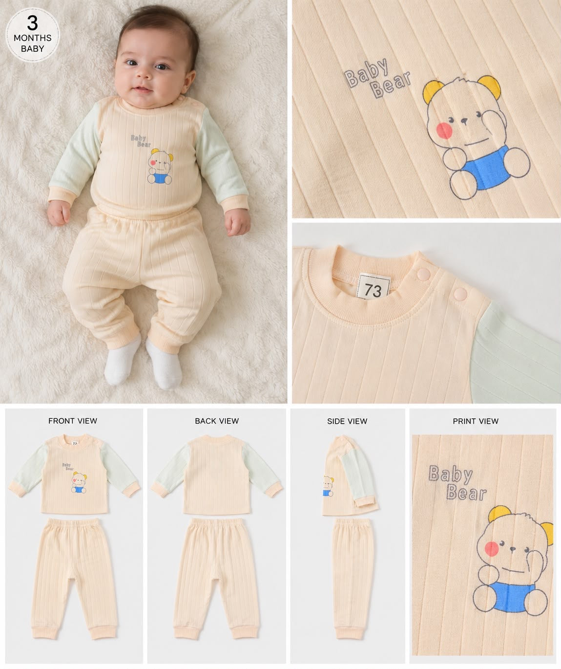 Baby Bear Ribbed Winter Co-Ord Set | Soft Cotton Full Sleeve Outfit for 0–3 Months