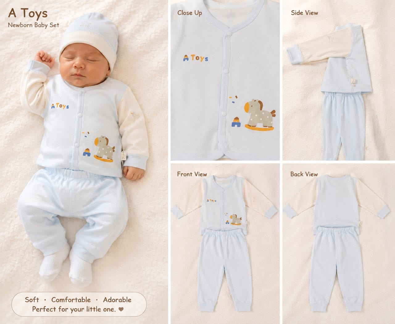 Toys Newborn Baby Set | Soft Cotton Full Sleeve 2-Piece Outfit (Light Blue)