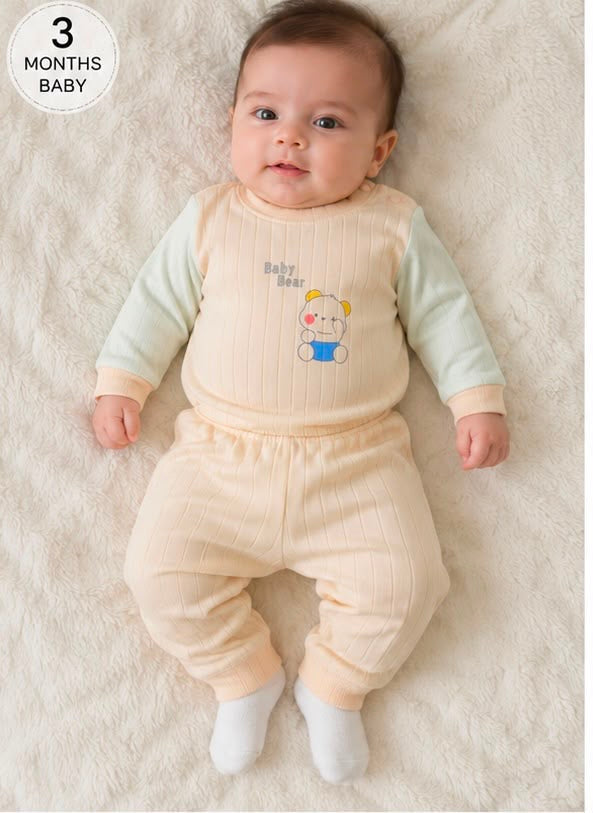 Baby Bear Ribbed Winter Co-Ord Set | Soft Cotton Full Sleeve Outfit for 0–3 Months