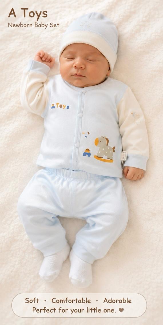 Toys Newborn Baby Set | Soft Cotton Full Sleeve 2-Piece Outfit (Light Blue)