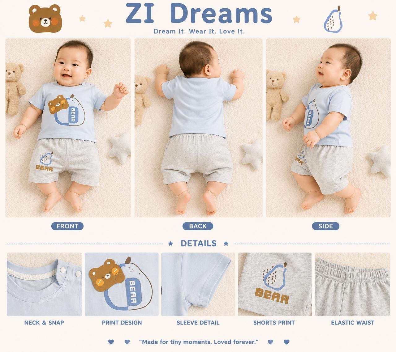 🧸 ZI Dreams Bear Print Baby Cotton Co-ord Set 💙