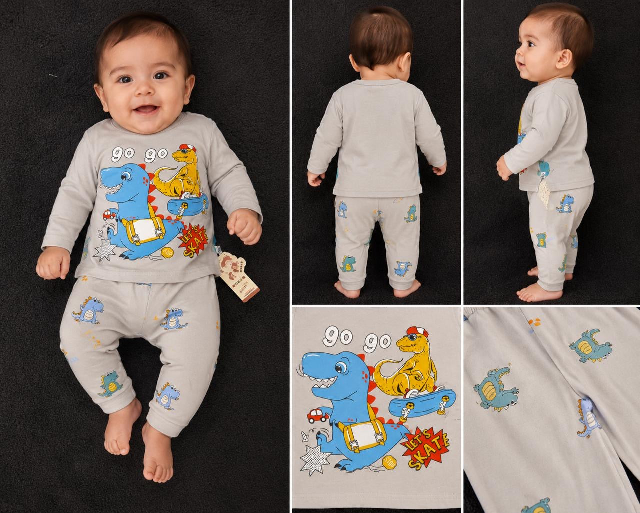 🦕 Dino Adventure Boys Cotton 2-Piece Outfit | Soft Full Sleeve T-Shirt & Trouser Set (8 Months)