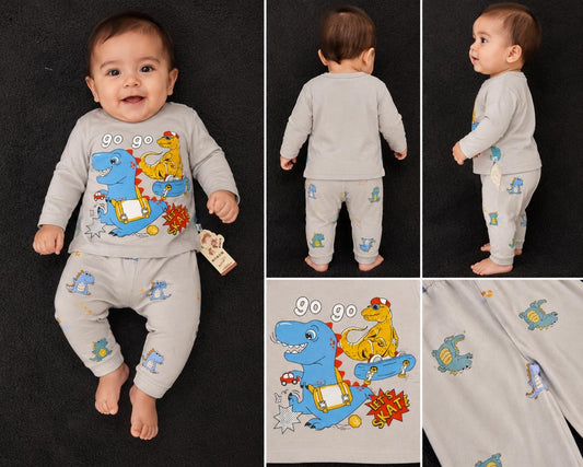 🦕 Dino Adventure Boys Cotton 2-Piece Outfit | Soft Full Sleeve T-Shirt & Trouser Set (8 Months)