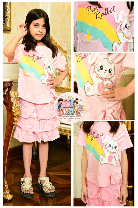 🐰 Pink Bunny Blossom Ruffle Skirt Set 🌸