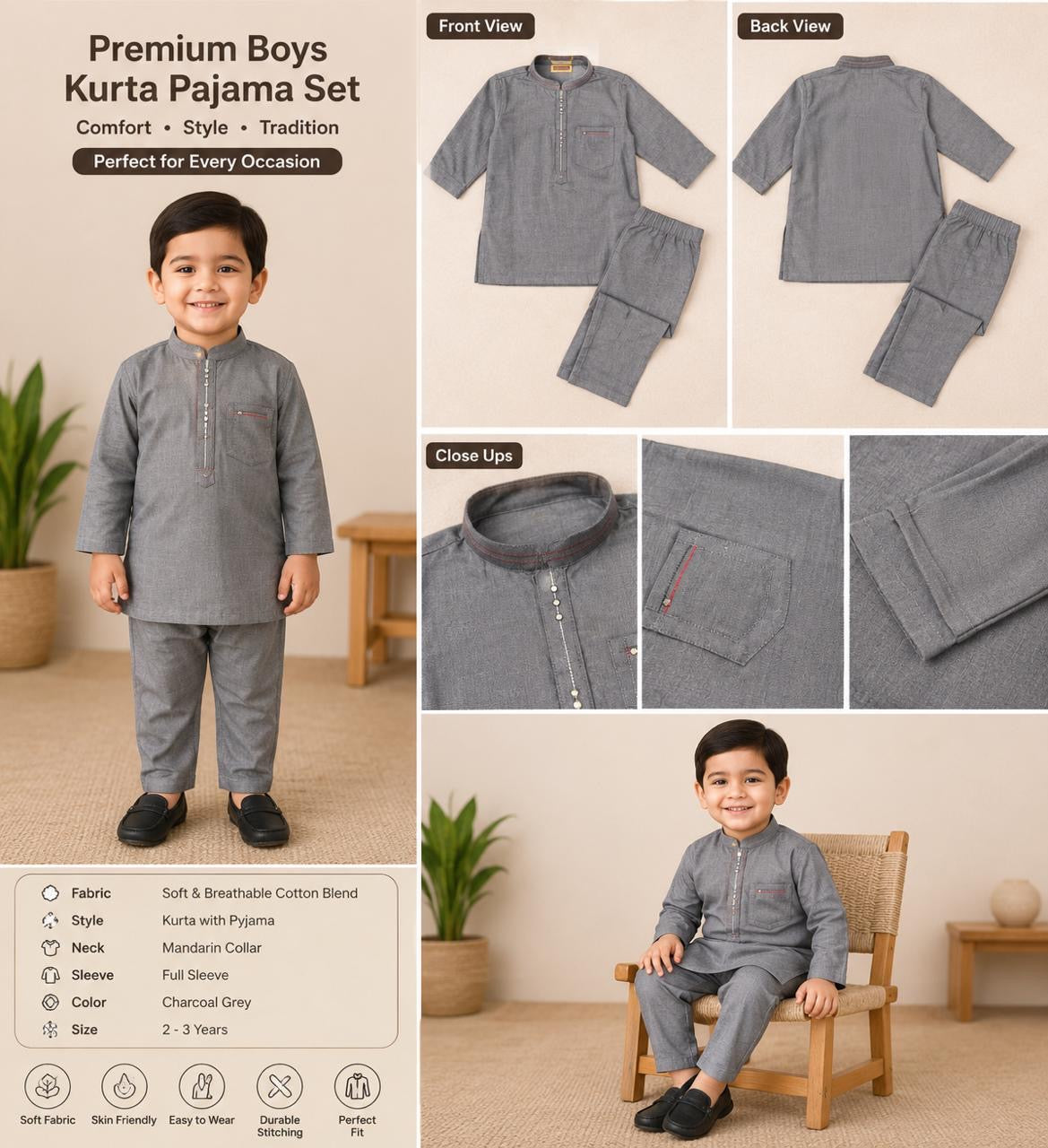 Boys Premium Cotton Kurta Trouser Set | Traditional Ethnic Wear 👦