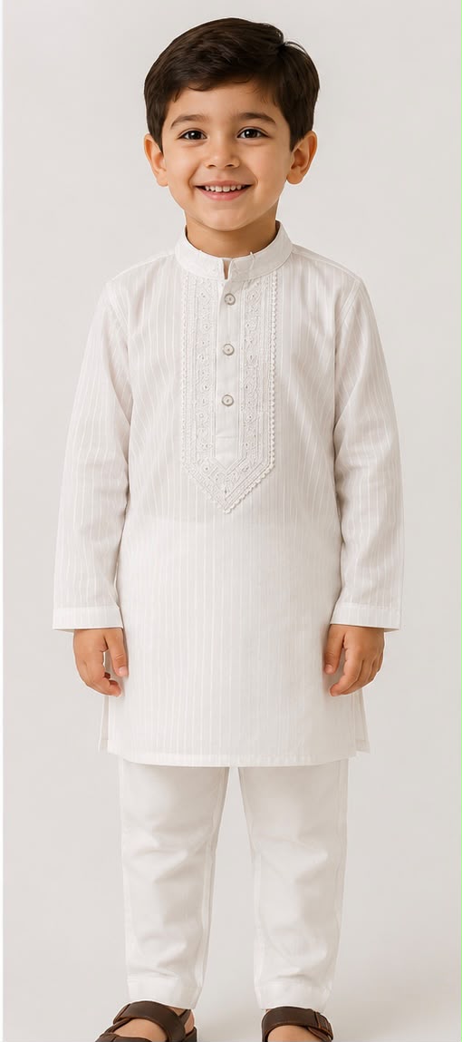 ✨ Premium Boys White Embroidered Kurta Pajama Set | Elegant Traditional Wear
