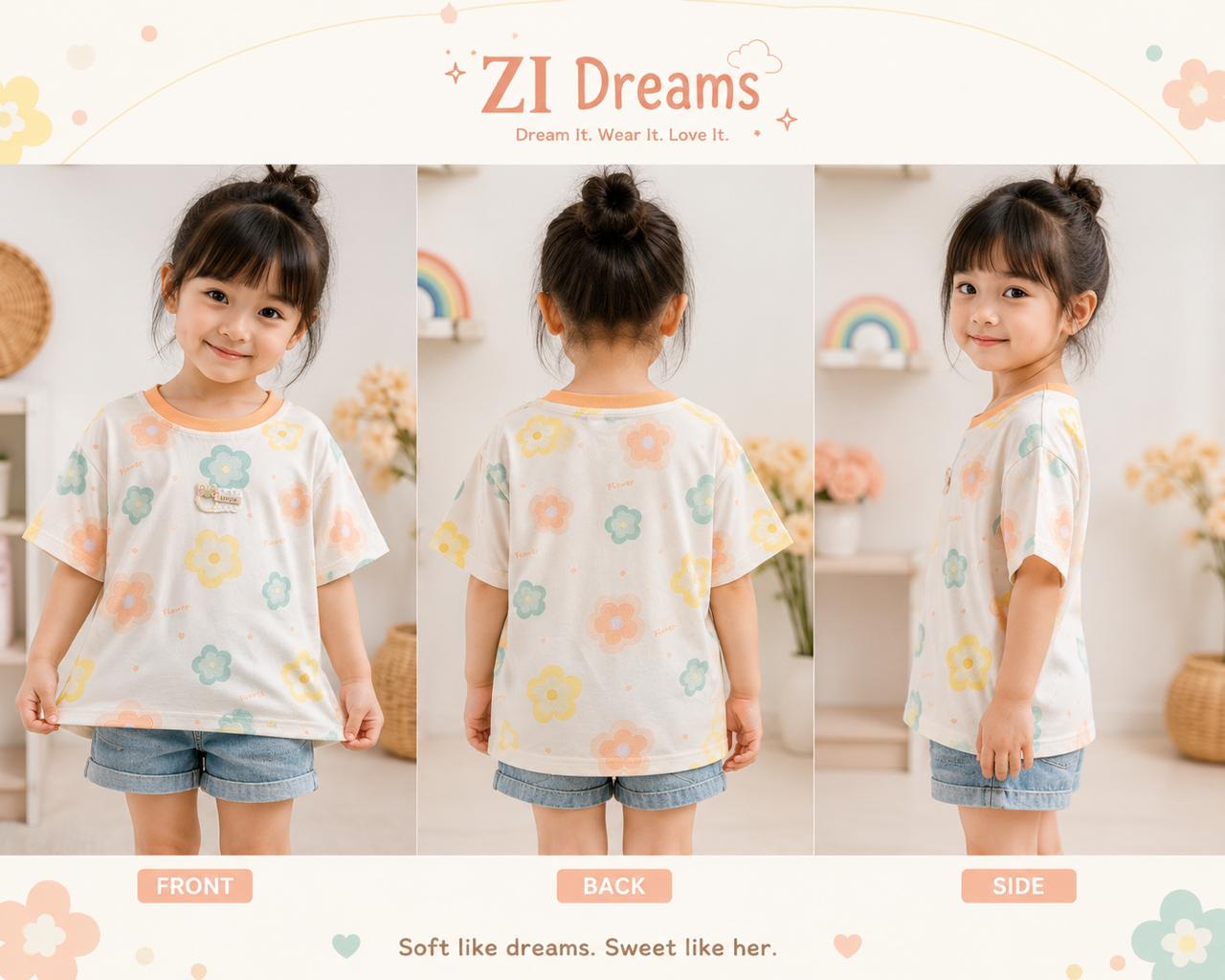 ZI Dreams Girls Pastel Floral Printed Half Sleeve Cotton T-Shirt