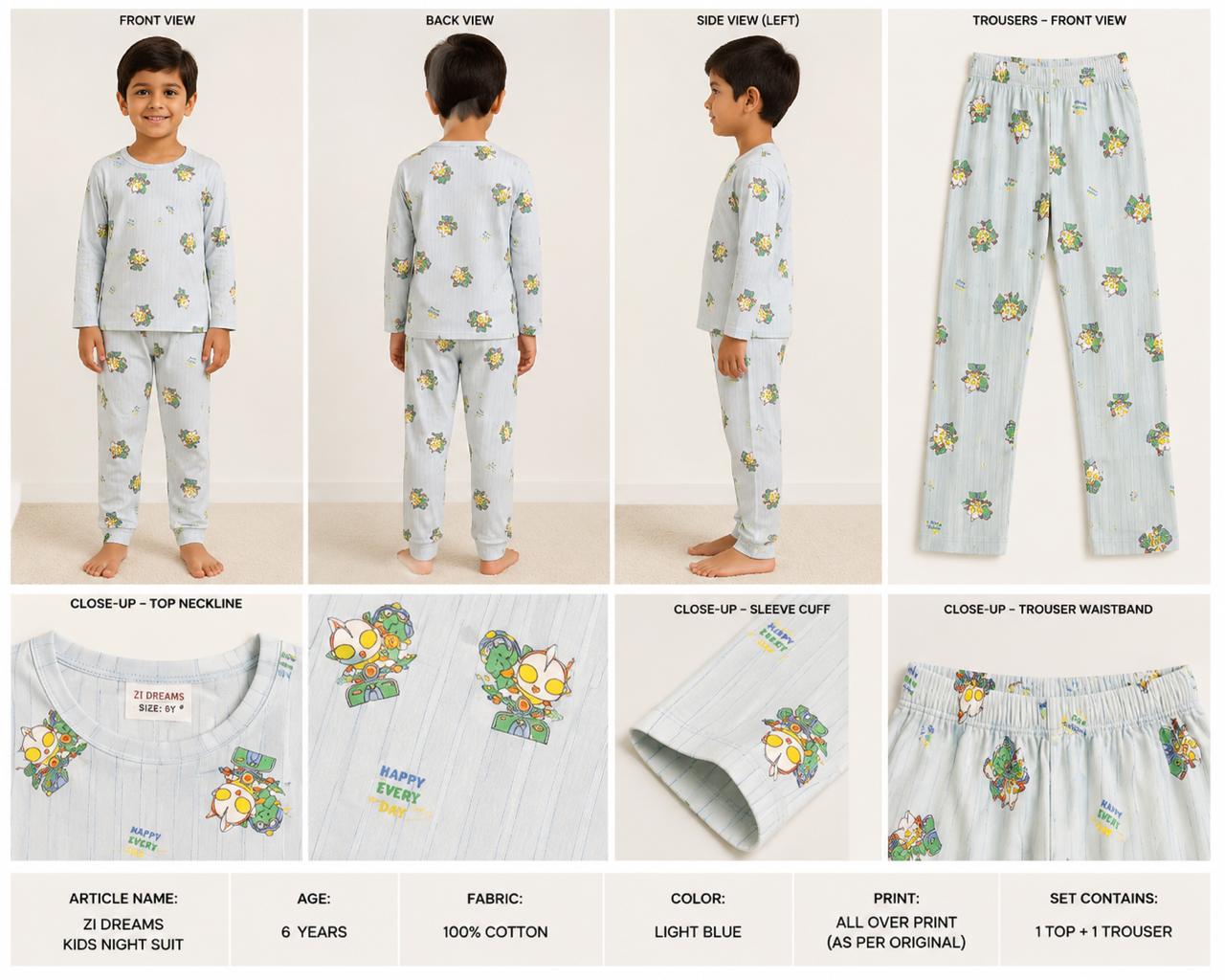 🌙 ZI Dreams Kids Night Suit – Light Blue Cotton Pajama Set 💙