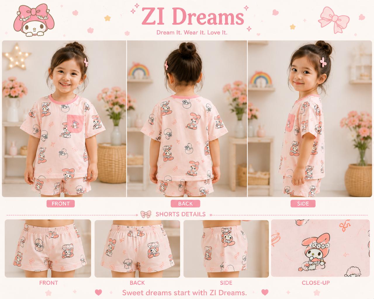 🌸 ZI Dreams Pink Cartoon Kids Night Suit – Cotton Shorts Set 🎀
