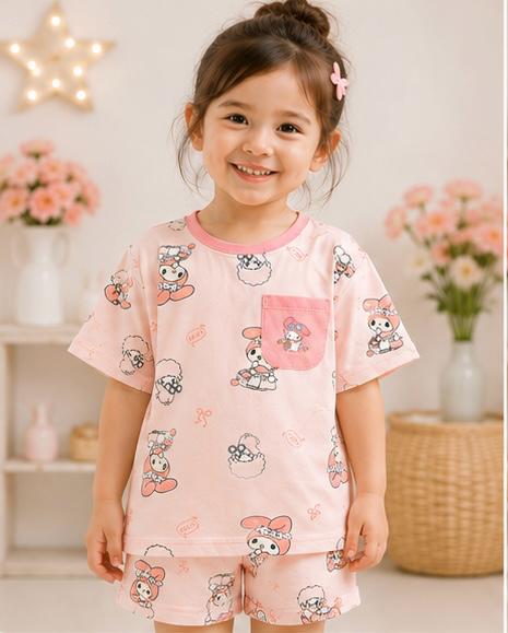 🌸 ZI Dreams Pink Cartoon Kids Night Suit – Cotton Shorts Set 🎀